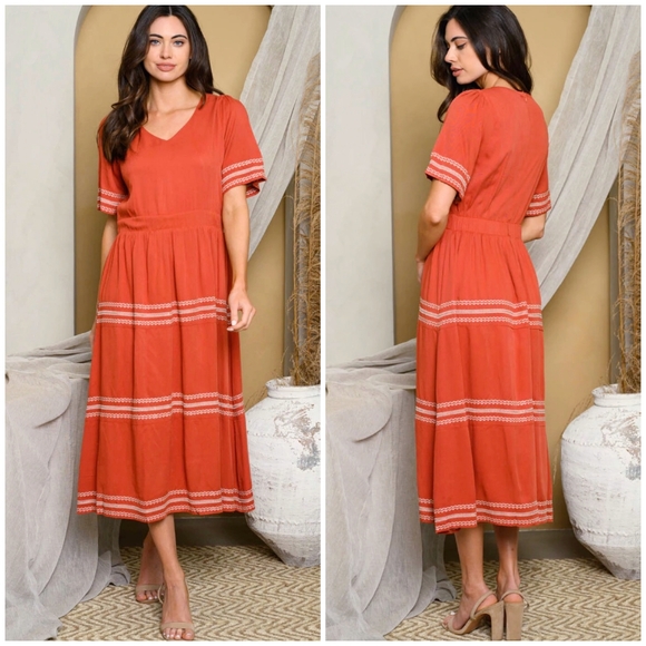 LAST ONE❗️POLAGRAM Boho Chic Rust Short Embroidered Detail Midi Tired Dress - Picture 3 of 5